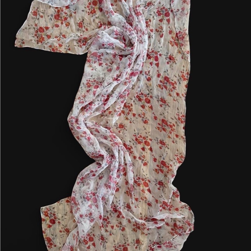 Sheer Floral Scarf - White with Pink & Red Flowers